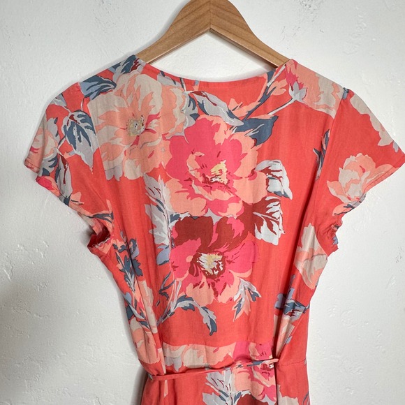 Gap Womens Coral Pink Floral Short Sleeve True Wrap Midi Dress Size Small - Picture 4 of 9